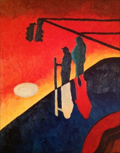Oil painting of figures in abstract landscape